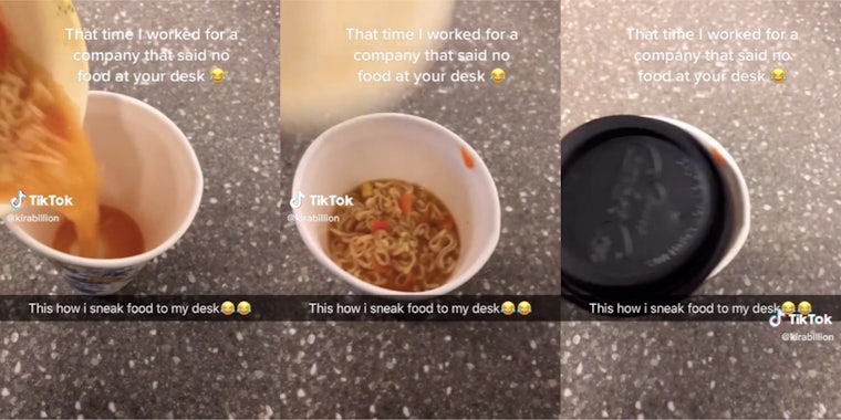 employee pours ramen into to go coffee cup at work in a tiktok