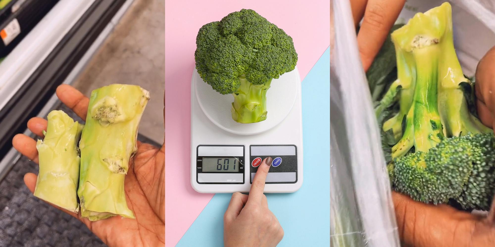 hand holding cut broccoli stems at grocery store (l) hand pressing button on scale while weighing broccoli on diagonal split pink to blue background (c) hand shuffling through bag of broccoli at grocery store, holding up piece that has stem cut (r)