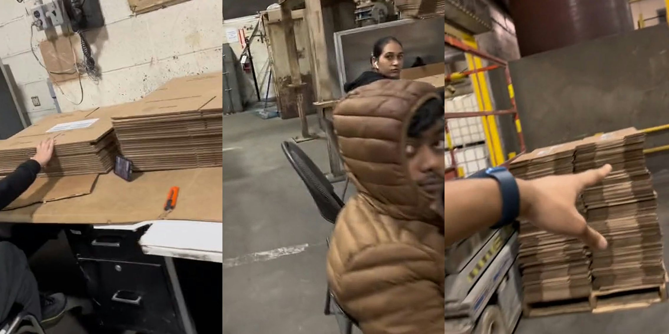 workers handling cardboard boxes on table with phone stood up (l) Coworkers sitting in chairs (c) worker pointing towards large pile of cardboard boxes (r)