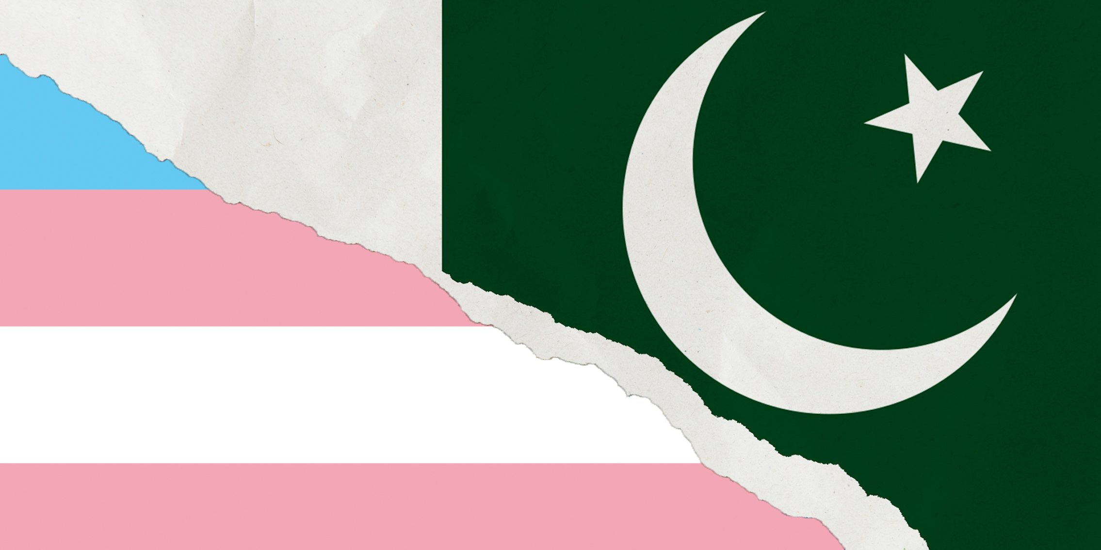Transgender pride flag with Pakistan flag with diagonal rip