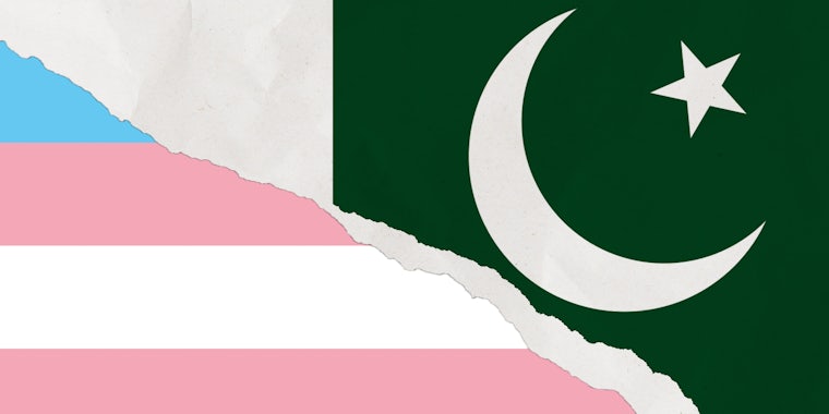 Transgender pride flag with Pakistan flag with diagonal rip