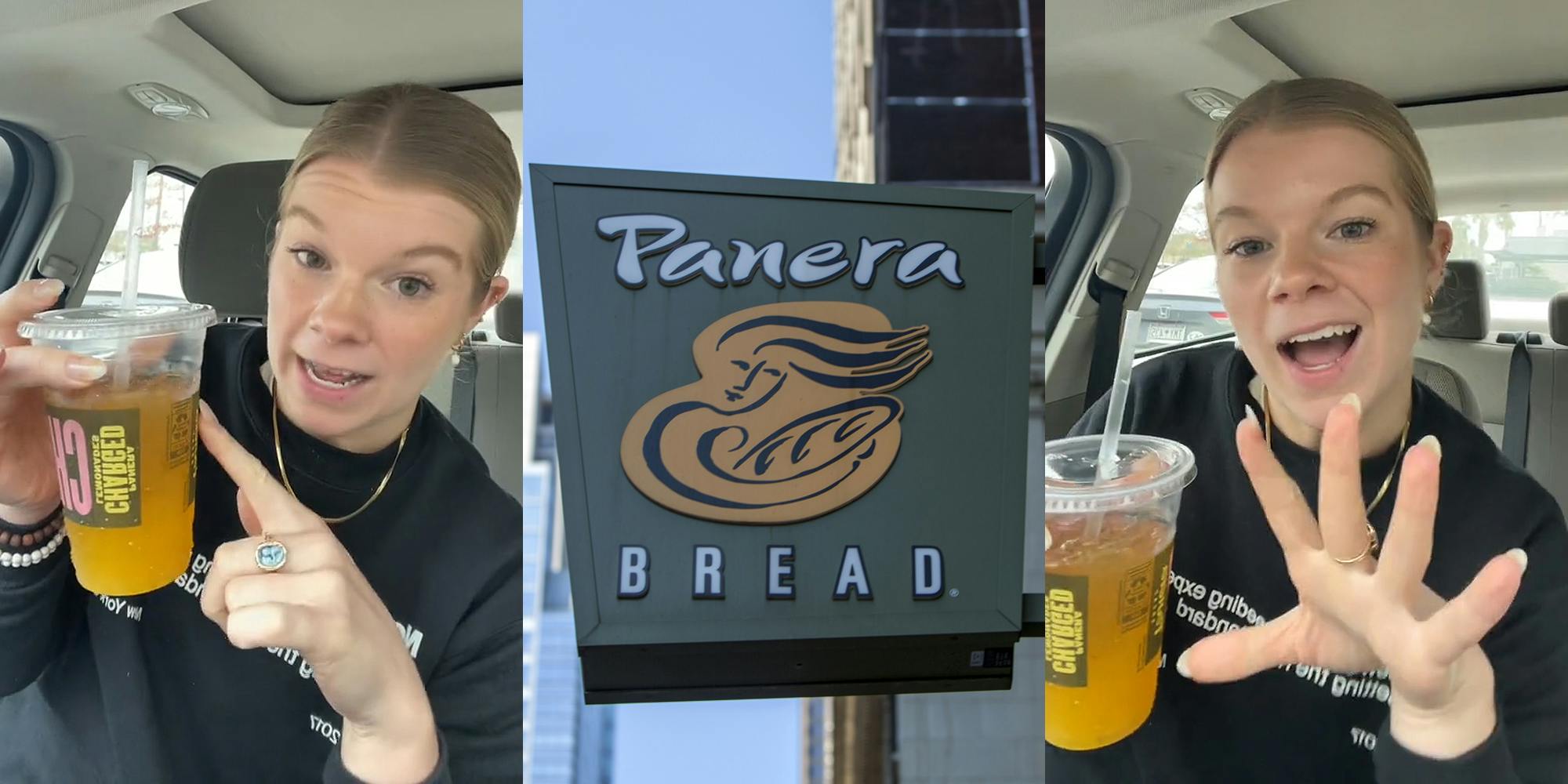 woman speaking in car holding Panera Super Charged Lemonade pointing to it (l) Panera Bread sign (c) woman speaking in car with hand out while holding Panera's Super Charged Lemonade (r)