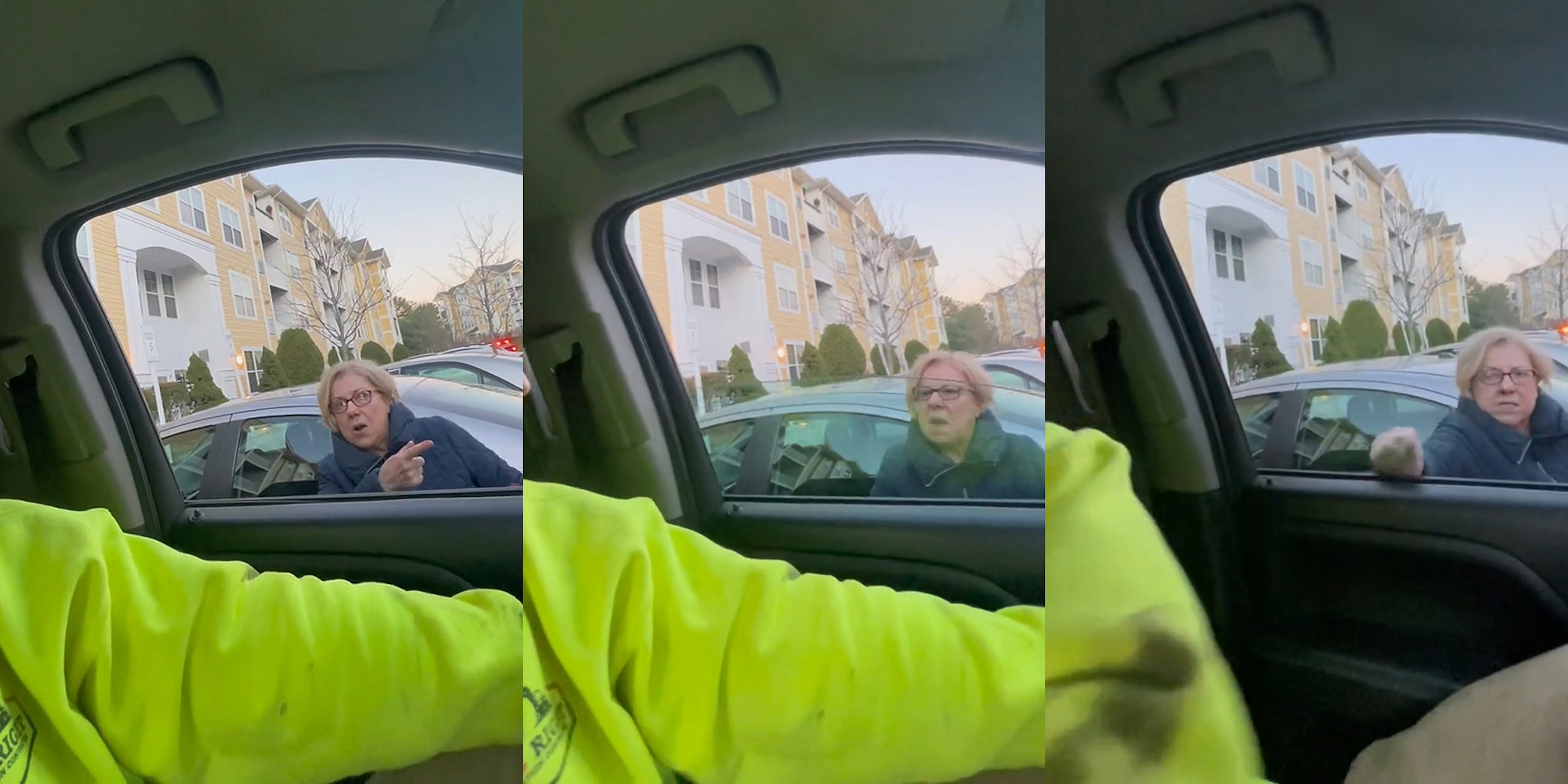 man in car while woman yells at him through window (l) man in car while woman yells at him through window (c) man in car while woman punches his window (r)