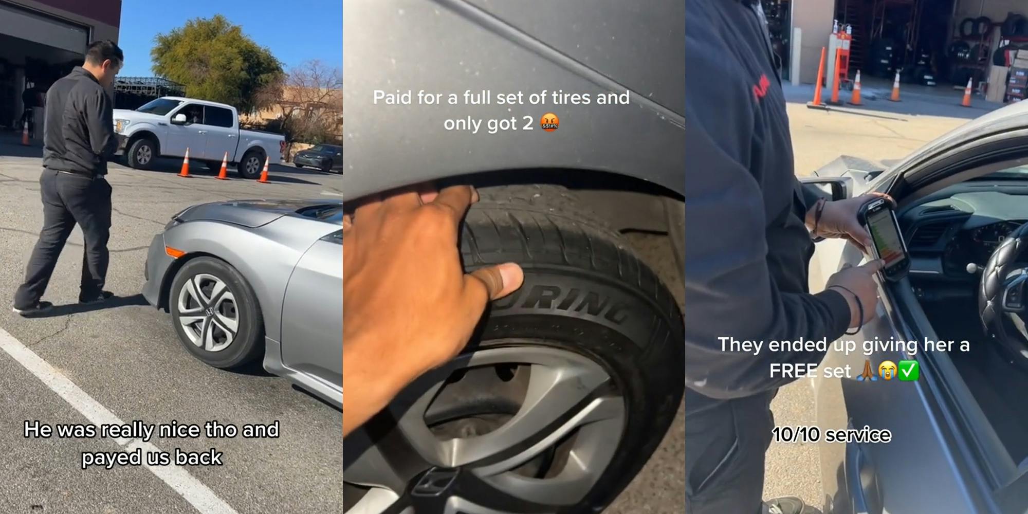 man walking next to car in parking lot caption "He was really nice tho and payed us back" (l) man hand on tire caption "Paid for a full set of tires and only got 2" (c) man tapping on screen in hand in car window caption "They ended up giving her a FREE set 10/10 service" (r)