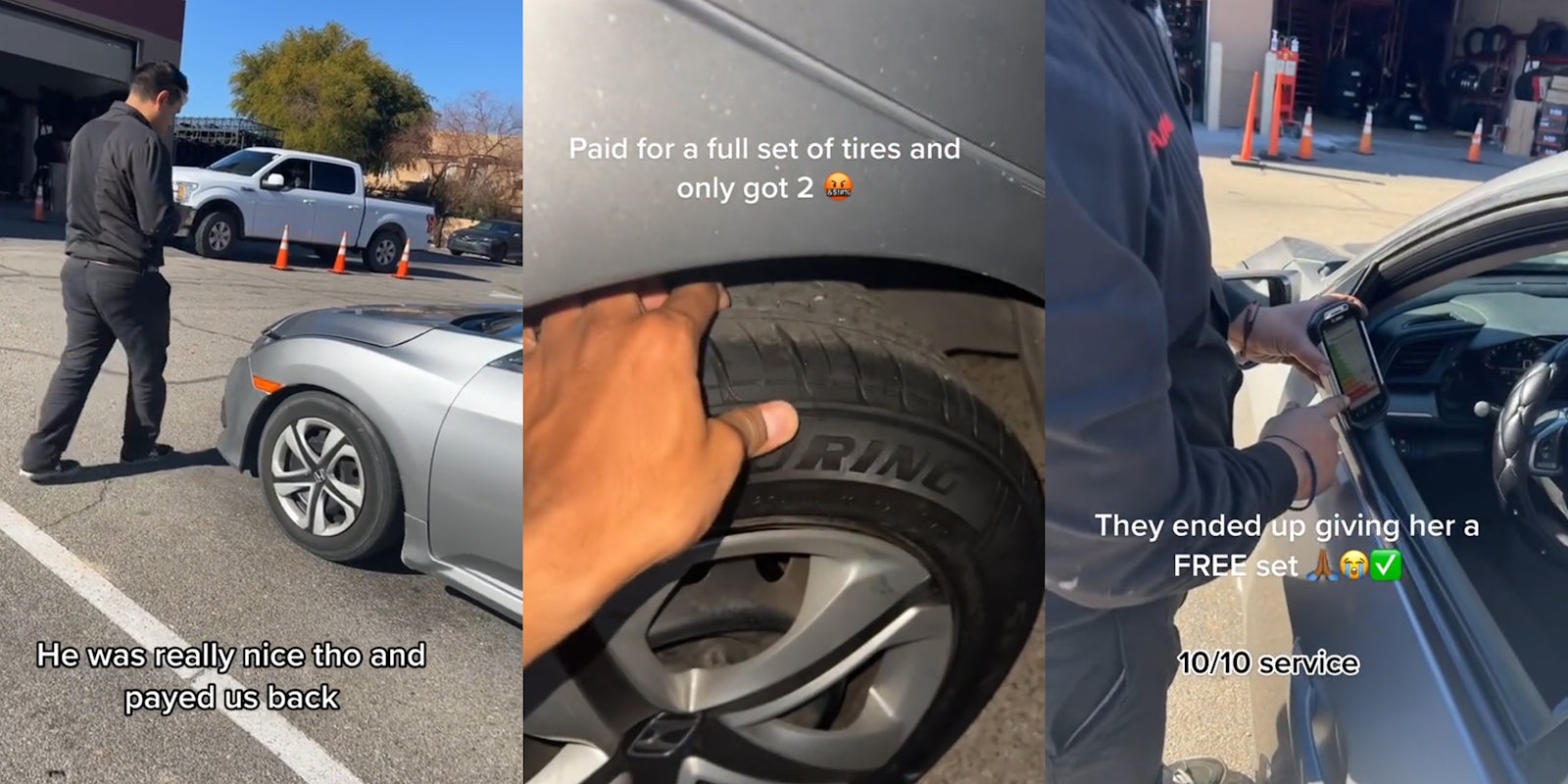 man walking next to car in parking lot caption 'He was really nice tho and payed us back' (l) man hand on tire caption 'Paid for a full set of tires and only got 2' (c) man tapping on screen in hand in car window caption 'They ended up giving her a FREE set 10/10 service' (r)