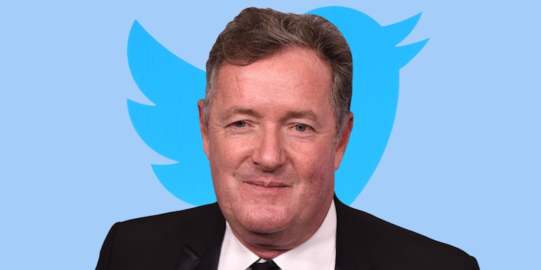 Piers Morgan in front of Twitter blue bird logo in front of light blue background