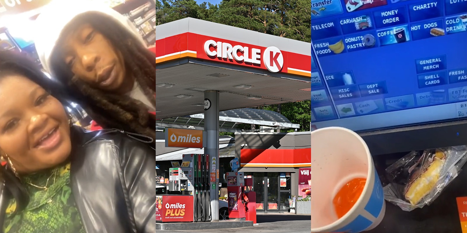 woman with Circle K employee speaking (l) Circle K gas station (c) Circle K cash register with drink and food (r)