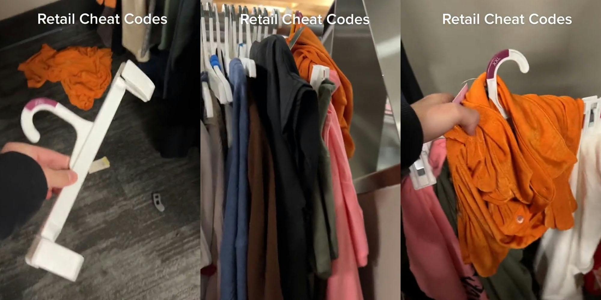 Target employee holding clothing hanger caption "Retail Cheat Code" (l) Target clothing wrack with messy hanger hidden in back caption "Retail Cheat Code" (c) Target employee holding clothing hanger with multiple items on it caption "Retail Cheat Code" (r)