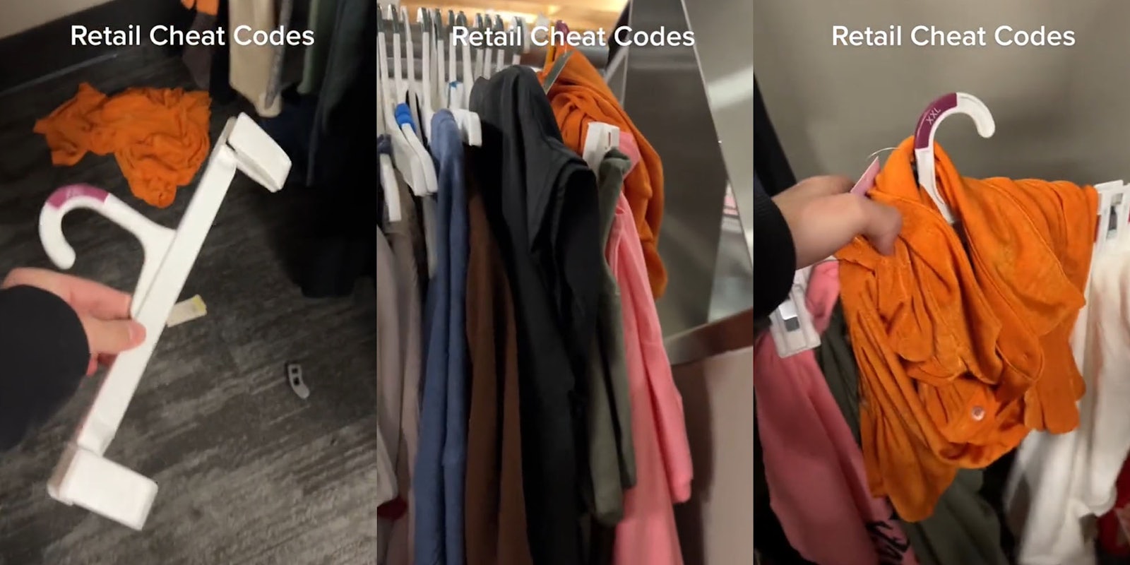 Target employee holding clothing hanger caption 'Retail Cheat Code' (l) Target clothing wrack with messy hanger hidden in back caption 'Retail Cheat Code' (c) Target employee holding clothing hanger with multiple items on it caption 'Retail Cheat Code' (r)
