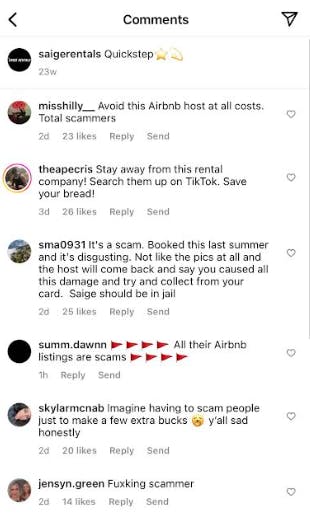 comments on Saige Rentals Instagram