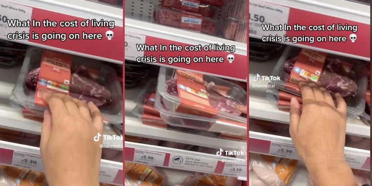 A Sainsbury's customer reaches out to touch a package of meat, claims an alarm sounds each time she touches it.