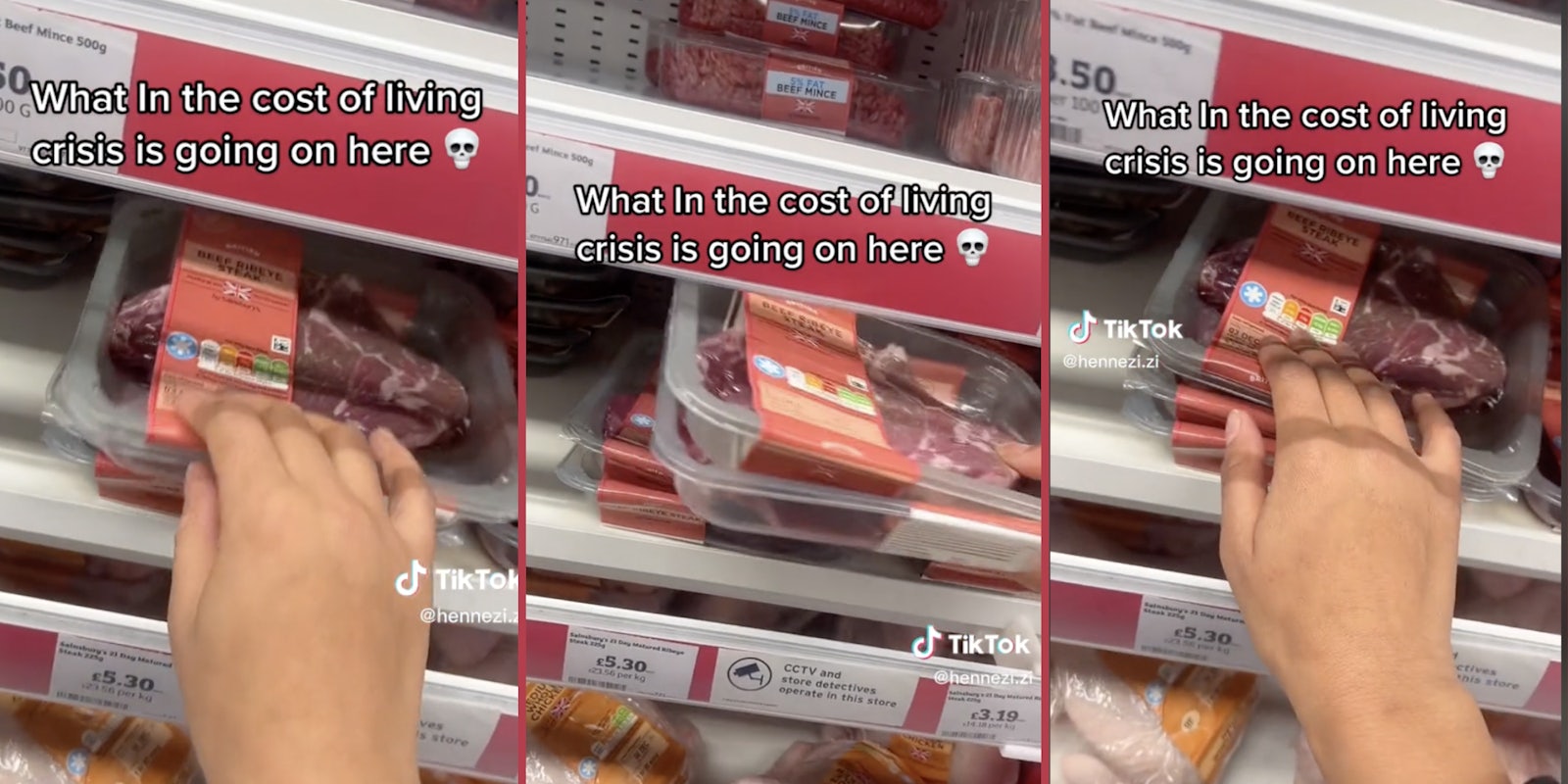 A Sainsbury's customer reaches out to touch a package of meat, claims an alarm sounds each time she touches it.