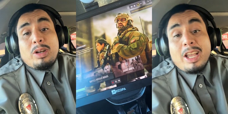 security guard speaking in car (l) Warzone 2 on screen in security car (c) security guard speaking in car (r)