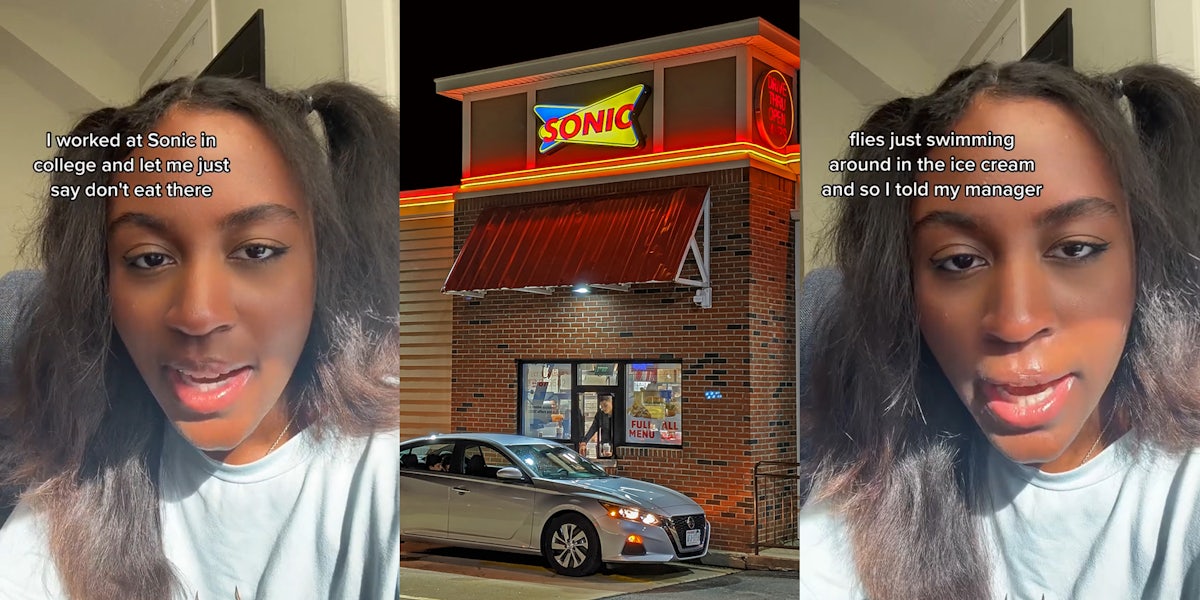 former Sonic employee speaking caption 'I worked at Sonic in college and let me just say don't eat there' (l) Sonic drive thru at night (c) former Sonic employee speaking caption 'flies just swimming around in the ice cream and so I told my manager' (r)