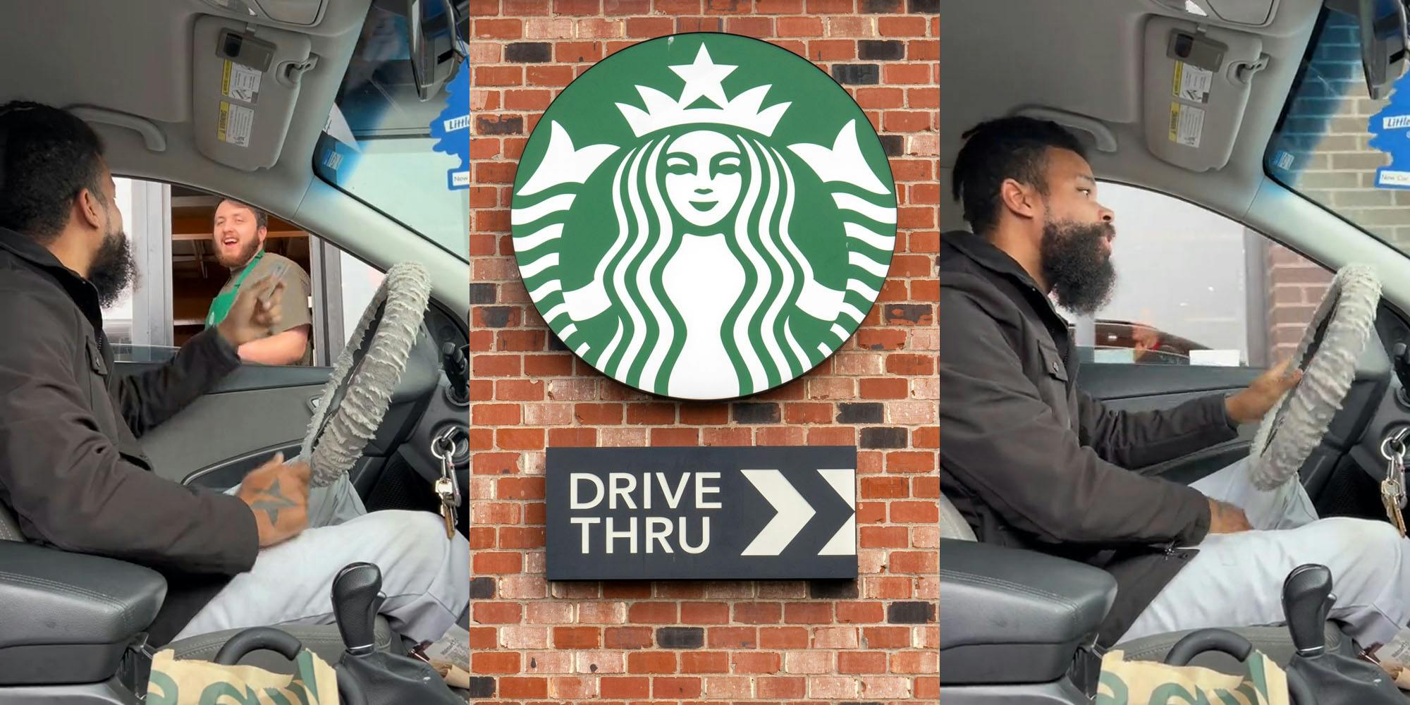 customer at Starbcusk drive thru window speaking to worker while taking card back (l) Starbucks Drive Thru sign on brick wall (c) customer leaving Starbucks drive thru (r)