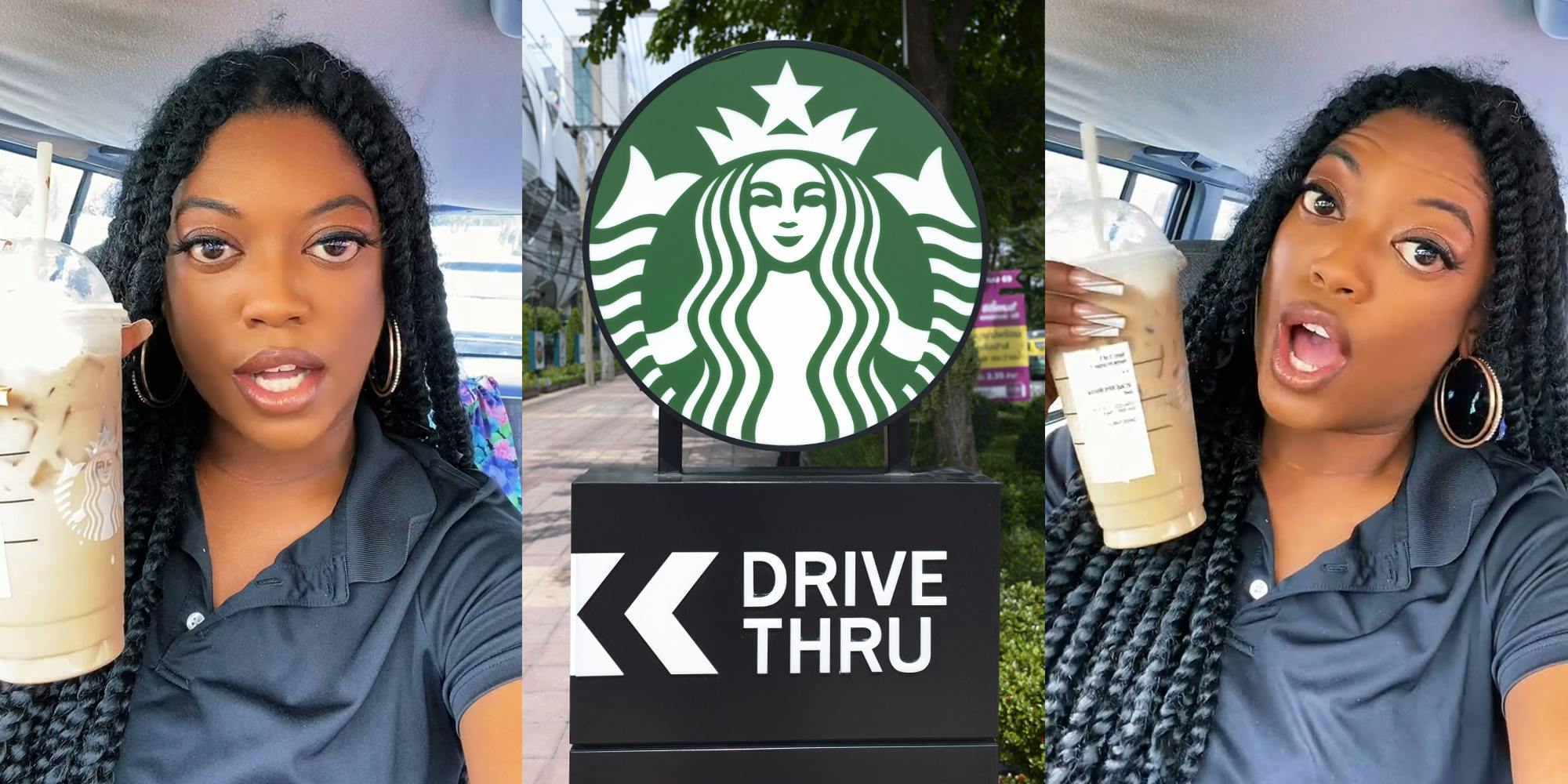 woman speaking in car holding up Starbucks drink (l) Starbucks Drive Thru sign (c) woman speaking in car holding up Starbucks drink (r)