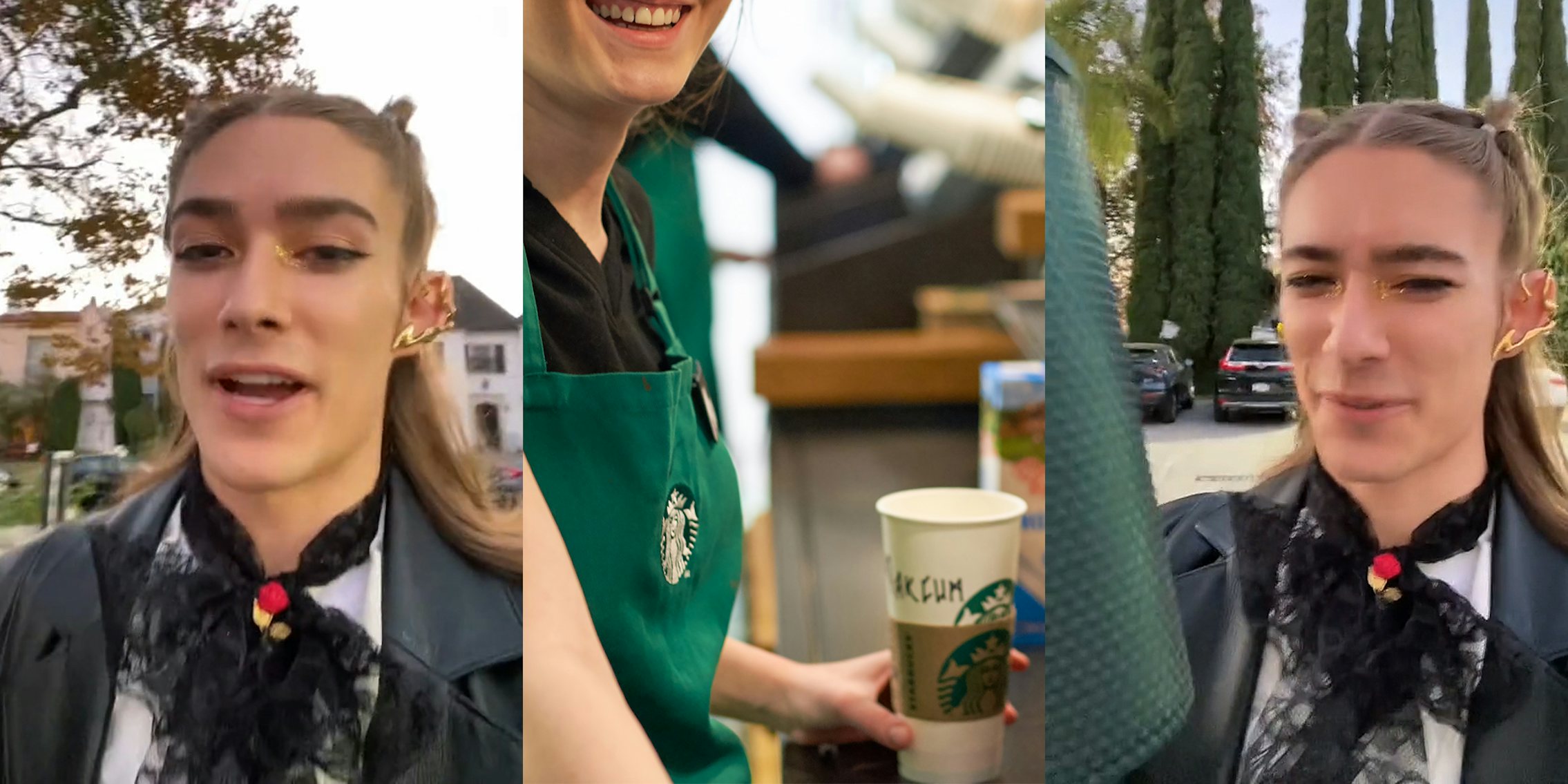 person speaking outside while walking (l) Starbucks barista holding cup (c) person holding up Starbucks reusable cup (r)