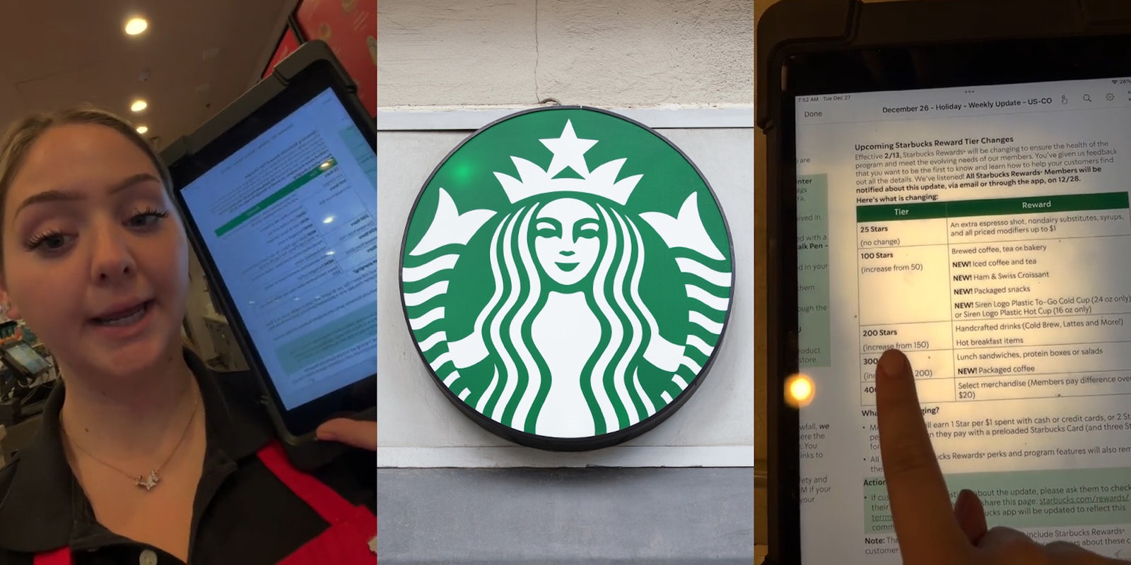 Starbucks barista speaking holding tablet (l) Starbucks circular sign on concrete wall (c) finger pointing to Starbucks rewards tiers on tablet (r)
