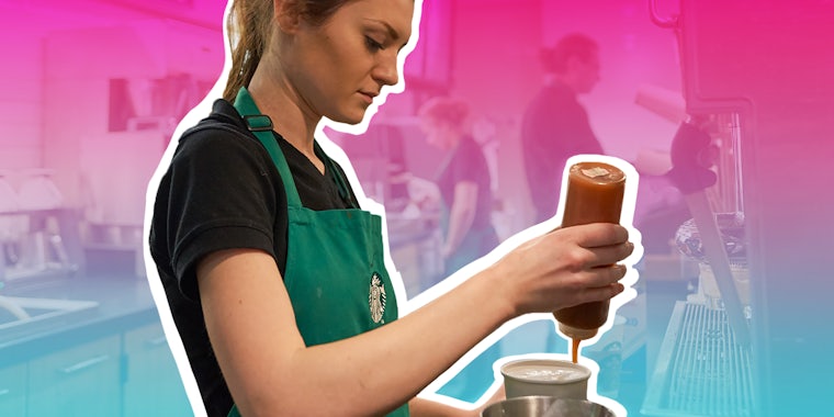 Starbucks worker with blue and pink background