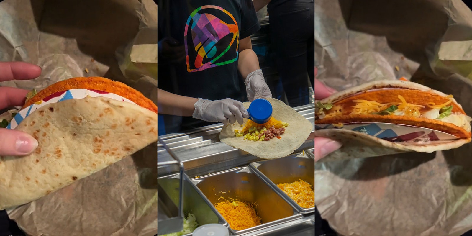 Taco Bell Cheesy Gordita Crunch in hand with cardboard between tortilla and taco shell (l) Taco Bell employee putting cheese on tortilla (c) Taco Bell Cheesy Gordita Crunch in hand with cardboard between tortilla and taco shell (r)