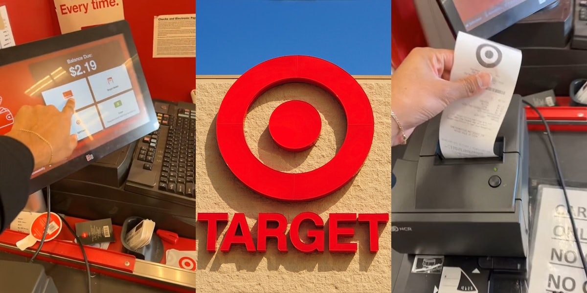 person using Target self checkout pressing screen (l) Target sign on building with blue sky (c) person grabbing receipt at Target self checkout (r)