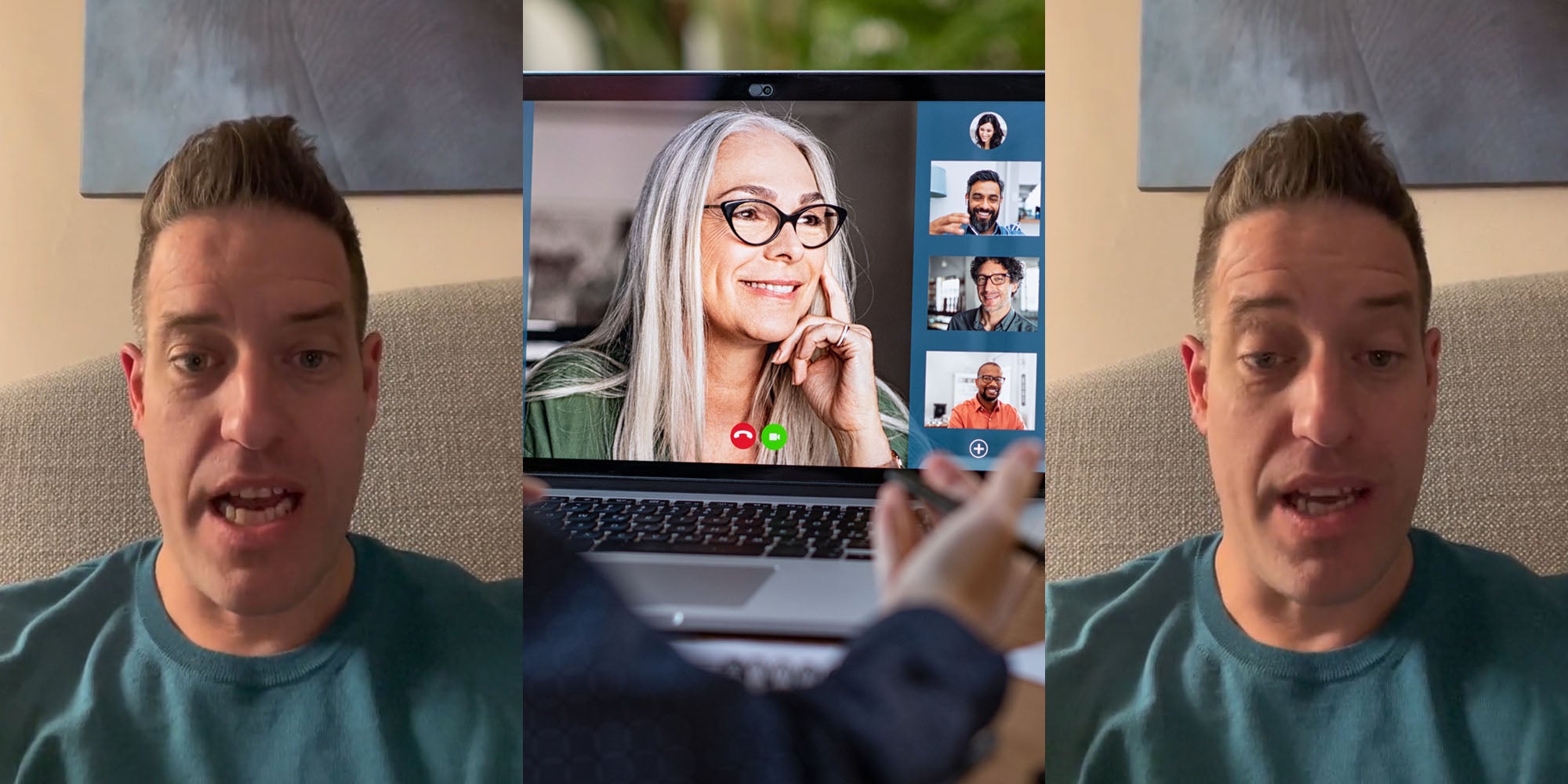 man speaking on couch (l) person sitting at desk with laptop displaying work meeting (c) man speaking on couch (r)