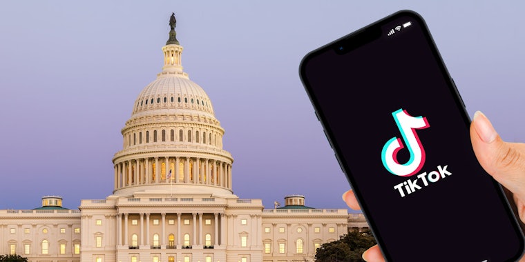 US Capitol building in front of purple sky with hand holding phone with TikTok on screen on right