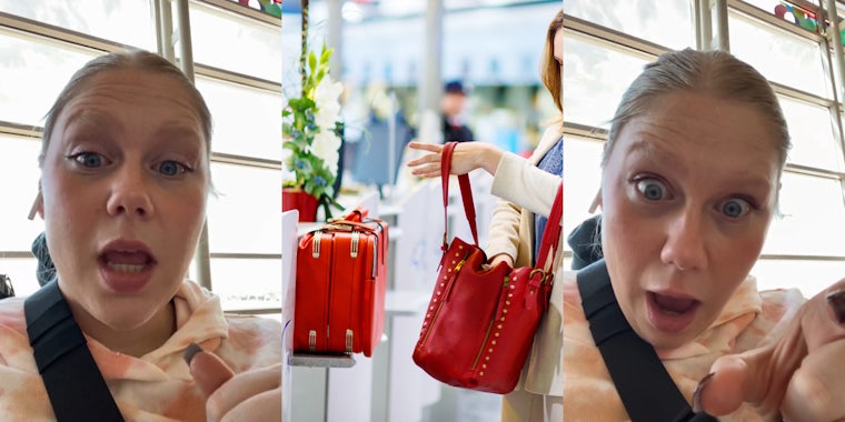 woman speaking at airport (l) woman reaching into purse at airport with bag on counter (c) woman speaking at airport (r)