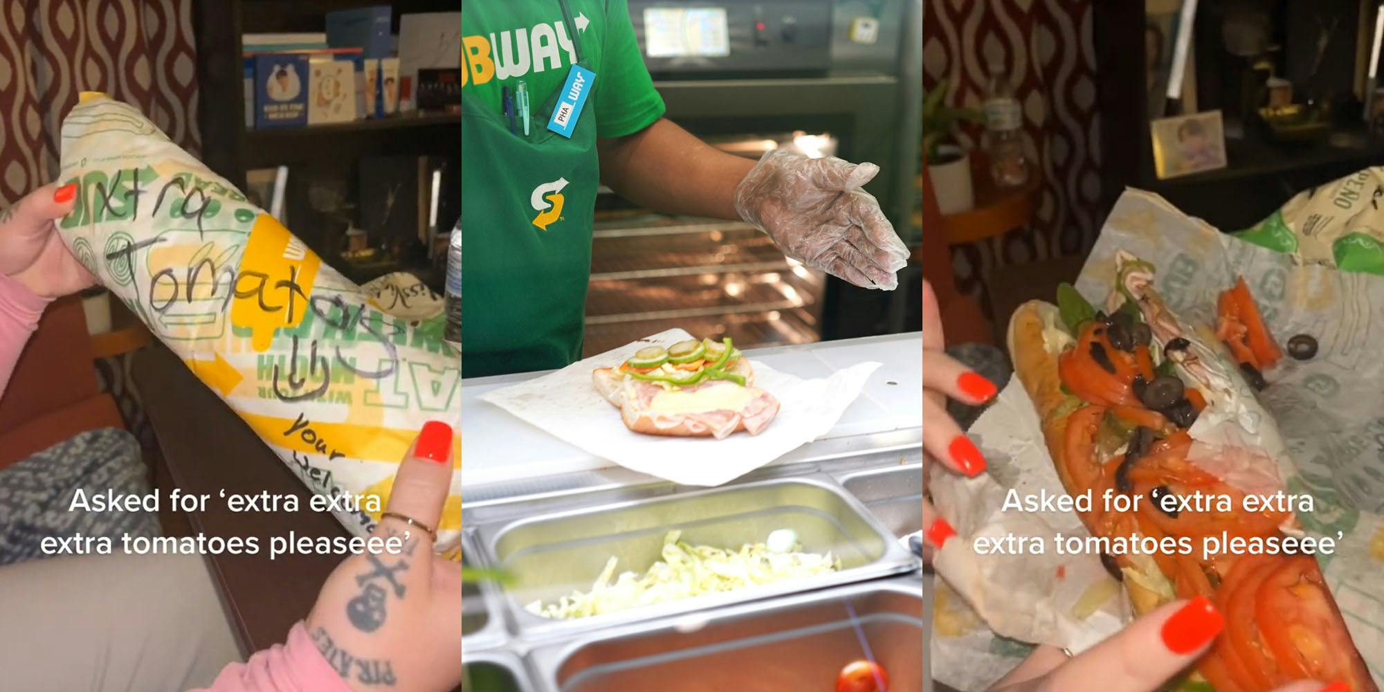 woman holding Subway sub wrapped with "xtra tomatoes" written in sharpie on packaging caption "Asked for 'extra extra extra tomatoes pleaseee'" (l) Subway worker making sub (c) Subway sub with lots of tomatoes on it caption "Asked for 'extra extra extra tomatoes pleaseee'" (r)