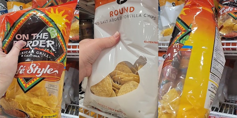 hand on tortilla chip bag at store (l) hand on tortilla chip bag at store (c) hand on tortilla chip bag turned to side at store (r)