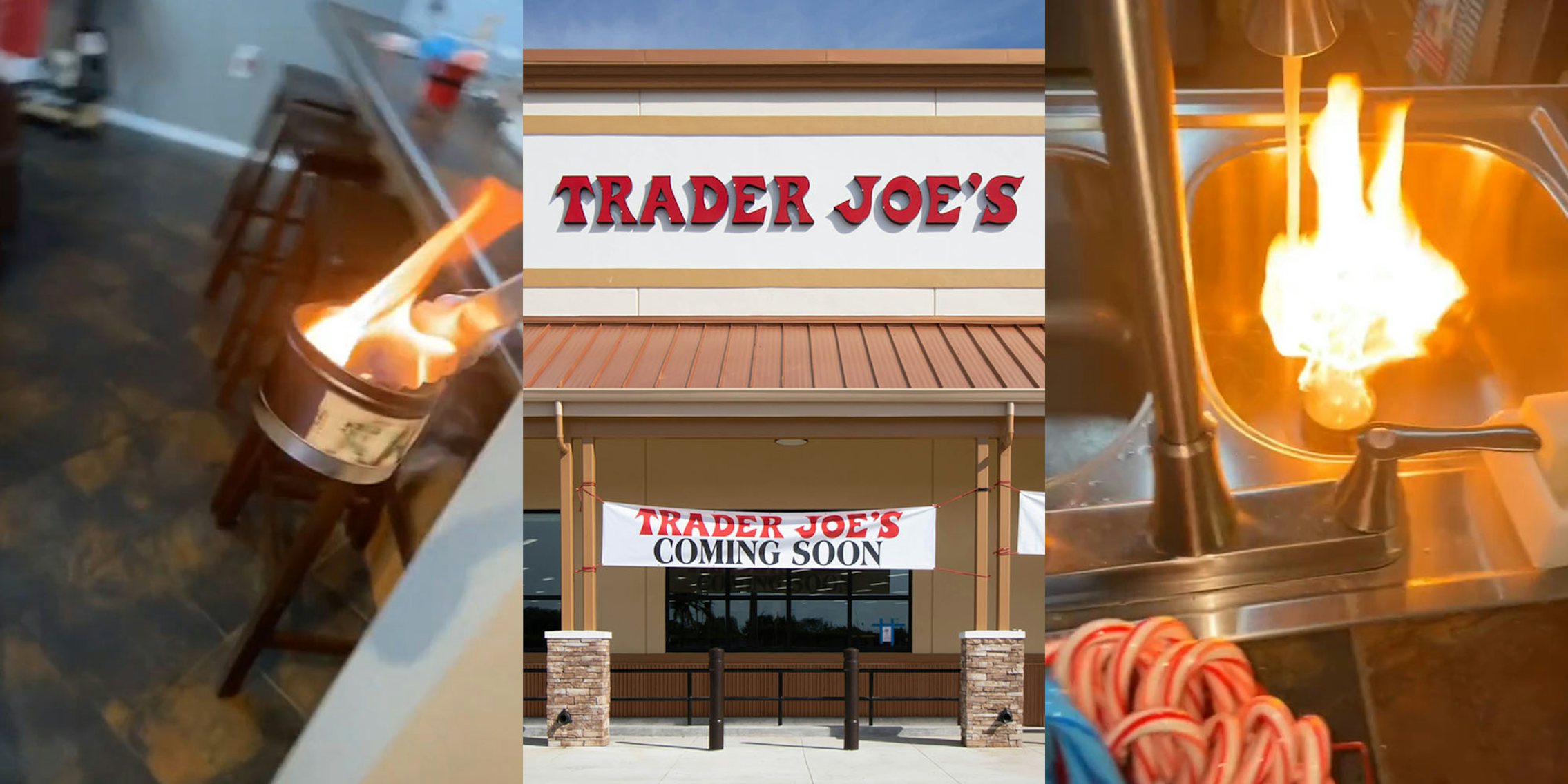 candle with high flame being carried to sink (l) Trader Joe's sign on building (c) candle with high flame in sink with faucet turned on (r)