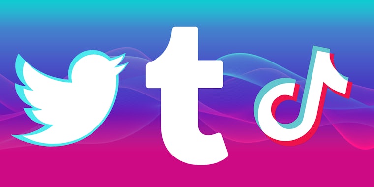 Twitter Tumblr and TikTok logos on blue to purple to pink gradient background Passionfruit Remix