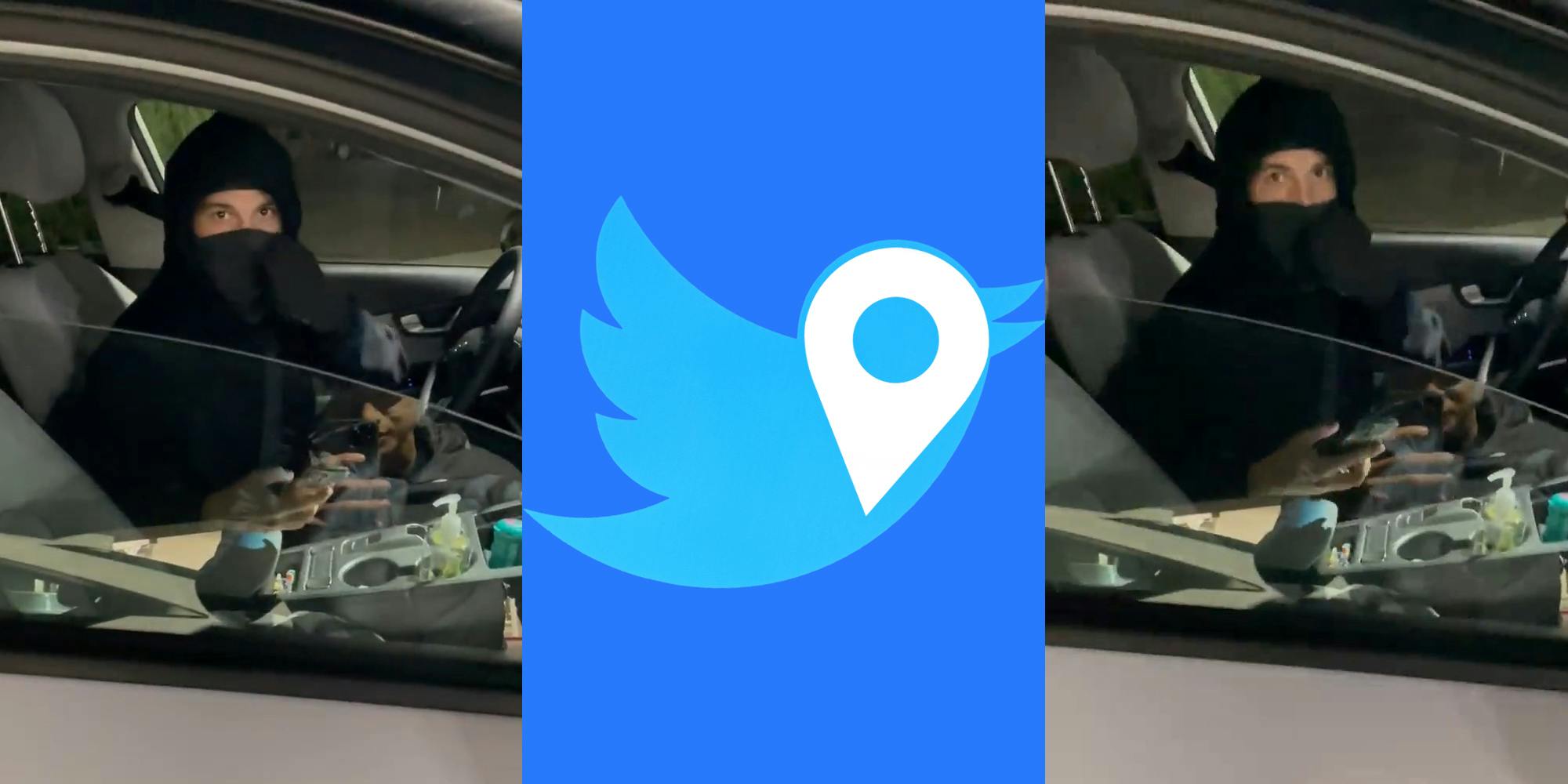 man in car holding phone (l) Twitter bird with location ping symbol on blue background (c) man in car holding phone (r)