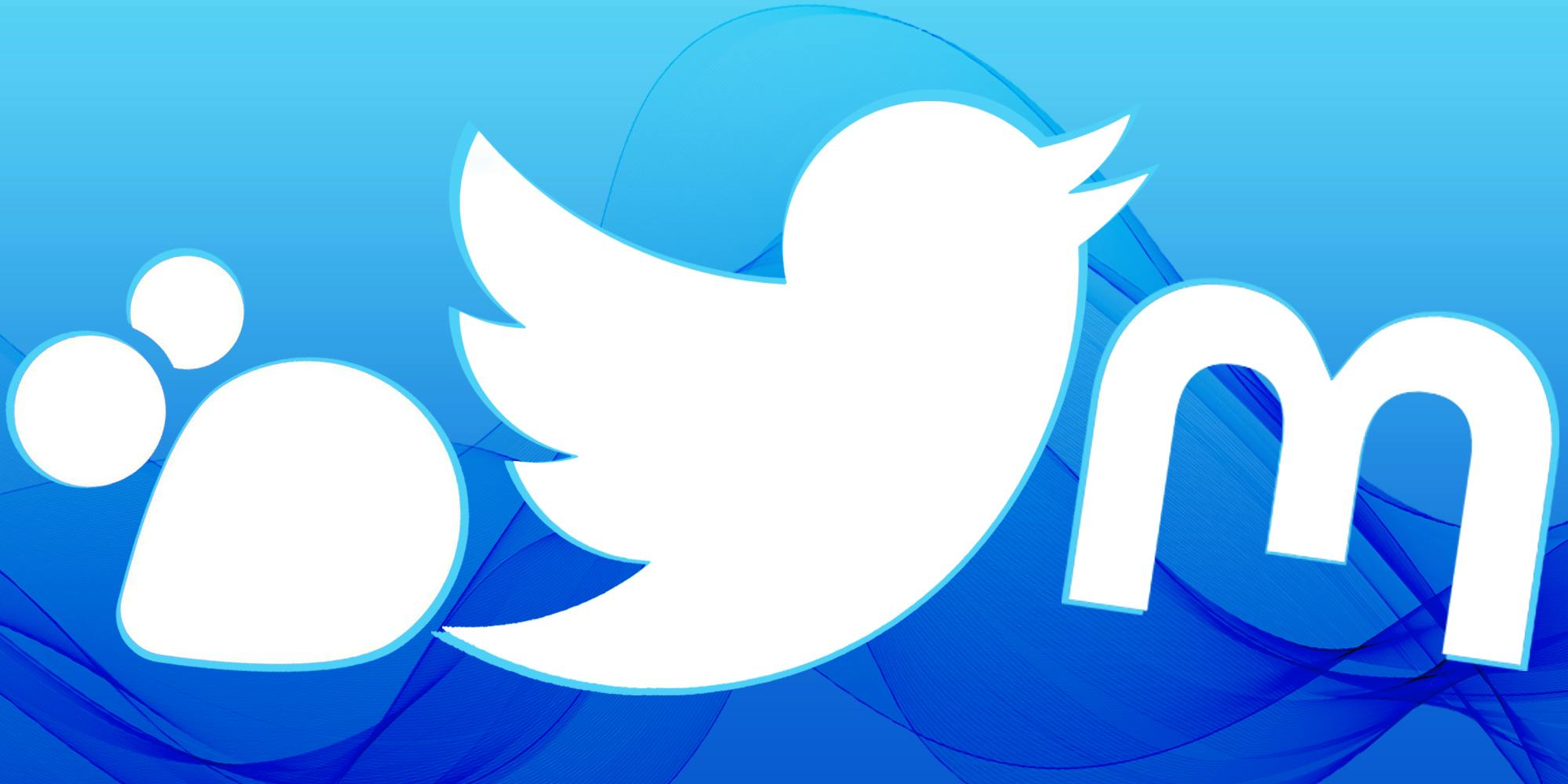 Twitter logo Mastodon logo and Hive Social on light to dark blue vertical gradient background Passionfruit Remix