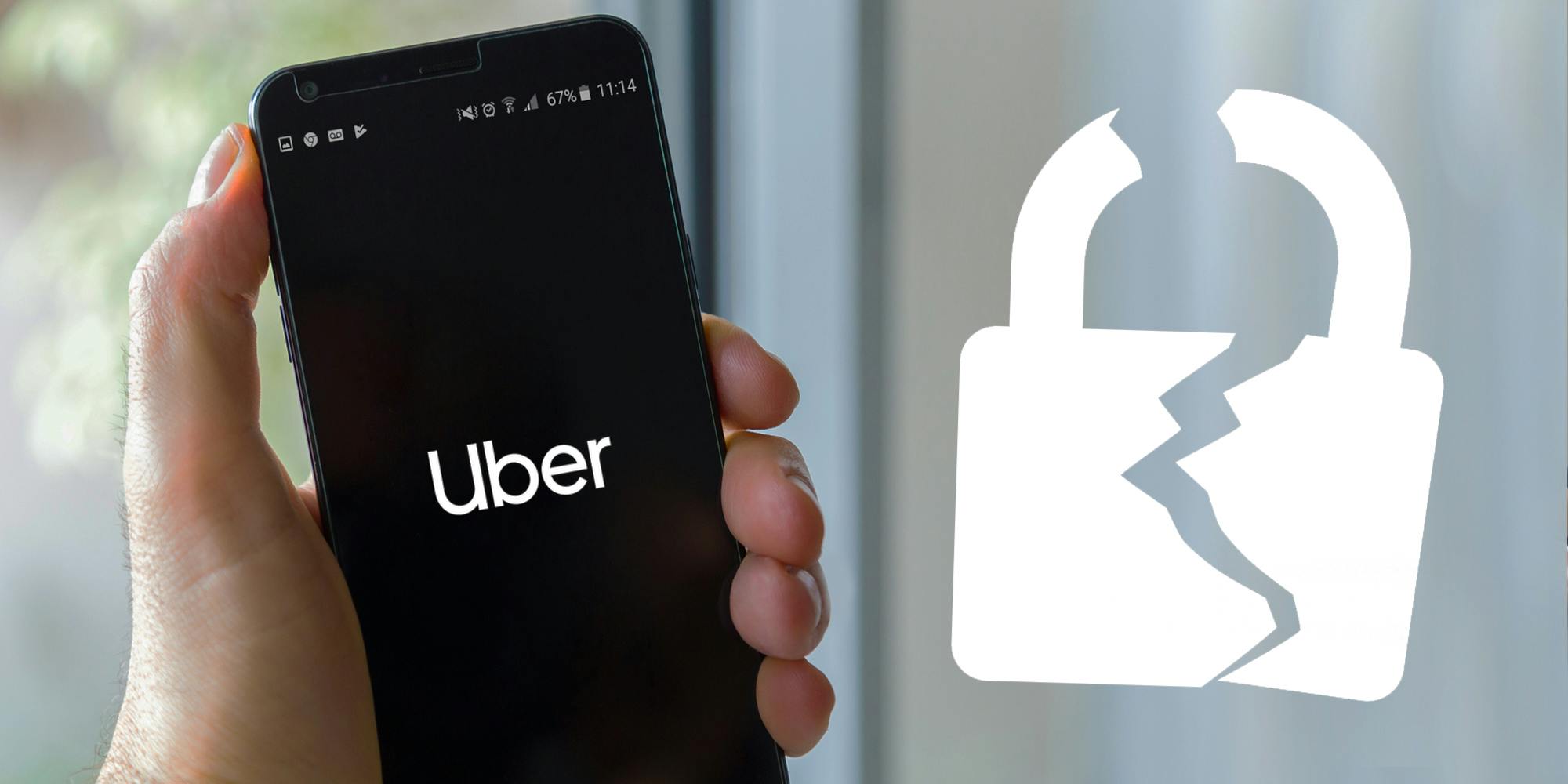 hand holding black phone with Uber on screen with white cracked lock vector on right