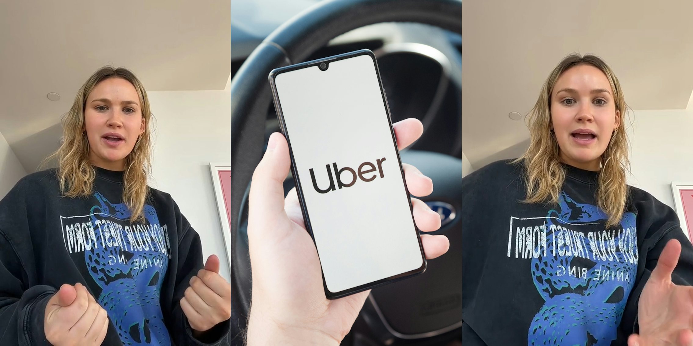 woman speaking in front of light tan walls (l) hand holding phone with Uber logo on screen in front of steering wheel in car (c) woman speaking in front of light tan walls (r)