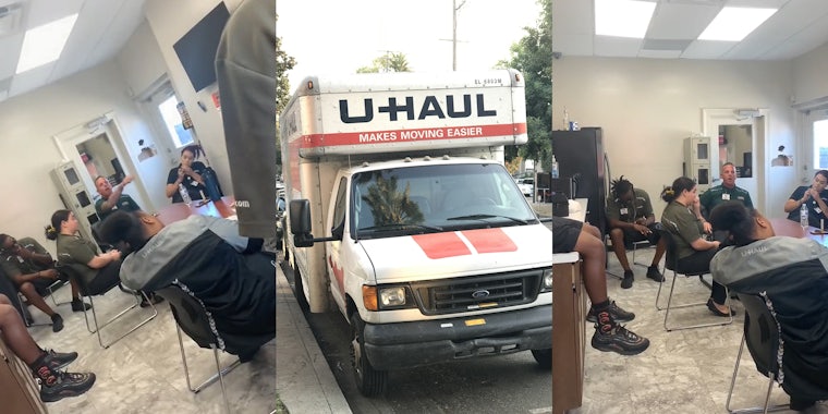 UHaul boss at table yelling at employees (l) UHaul truck parked at curb (c) UHaul boss at table yelling at employees (r)