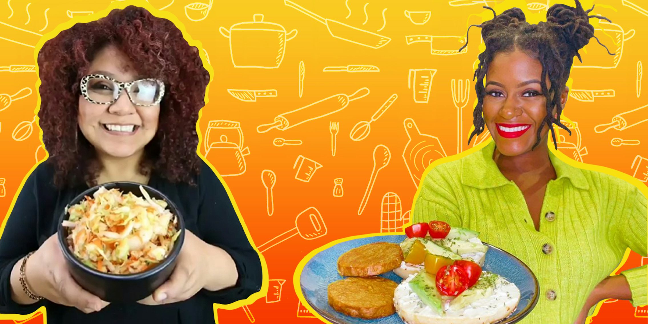The Salvi Vegan posing with bowl of food with DiaryOfAMadVegan also posing with food in hand in front of yellow to orange vertical gradient cooking background Passionfruit Remix