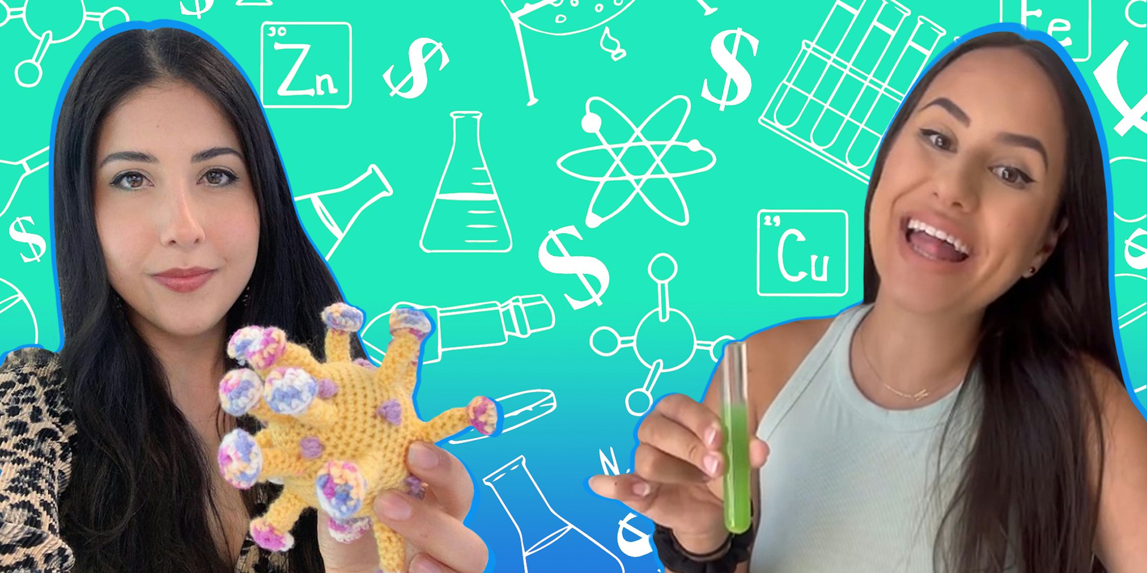 Science Sam holding COVID knitted toy on left with Science Bae holding vile with green substance over STEM background with dollar signs on light green to blue vertical gradient Passionfruit Remix