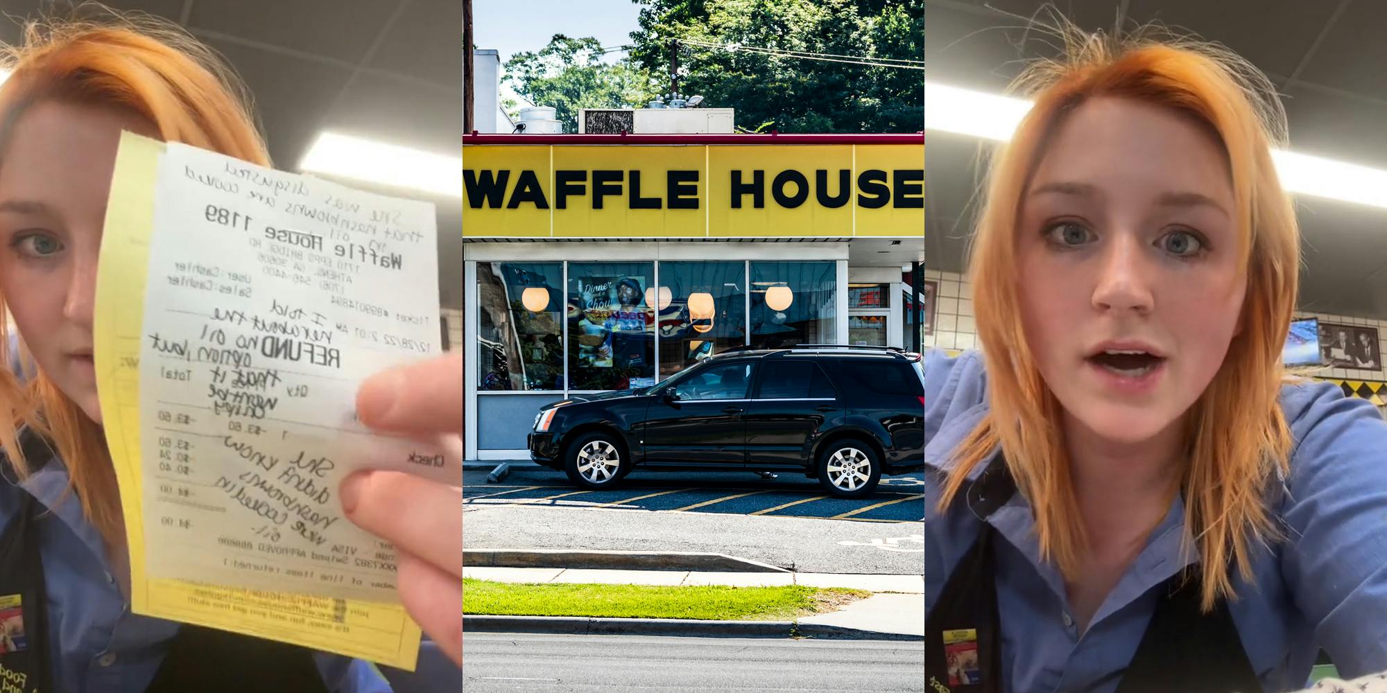 Waffle house employee holding receipt that says "REFUND" (l) Waffle House building with sign (c) Waffle House employee speaking (r)