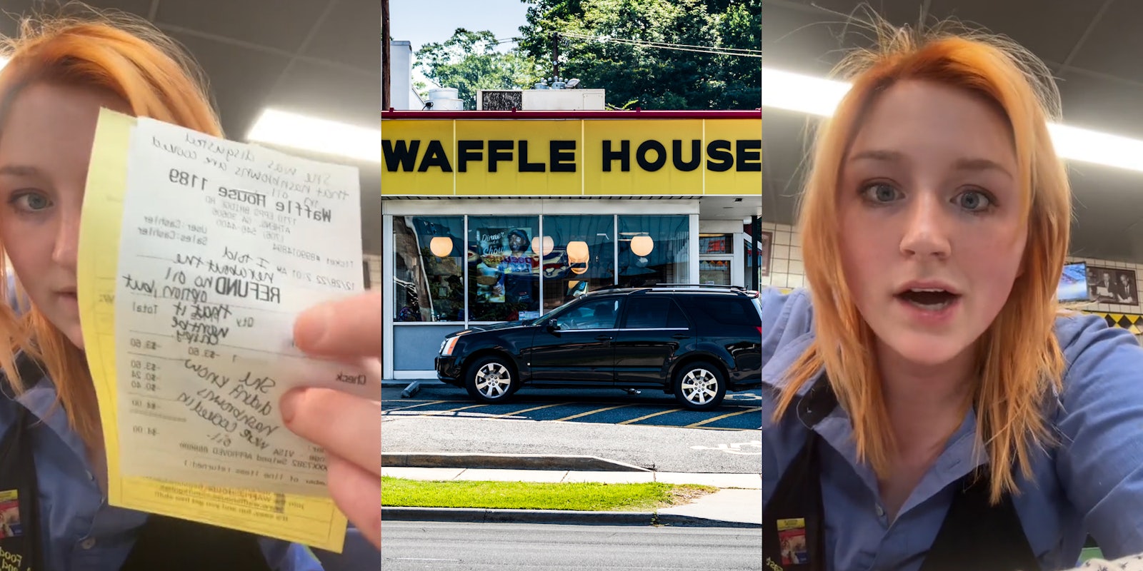 Waffle house employee holding receipt that says 'REFUND' (l) Waffle House building with sign (c) Waffle House employee speaking (r)