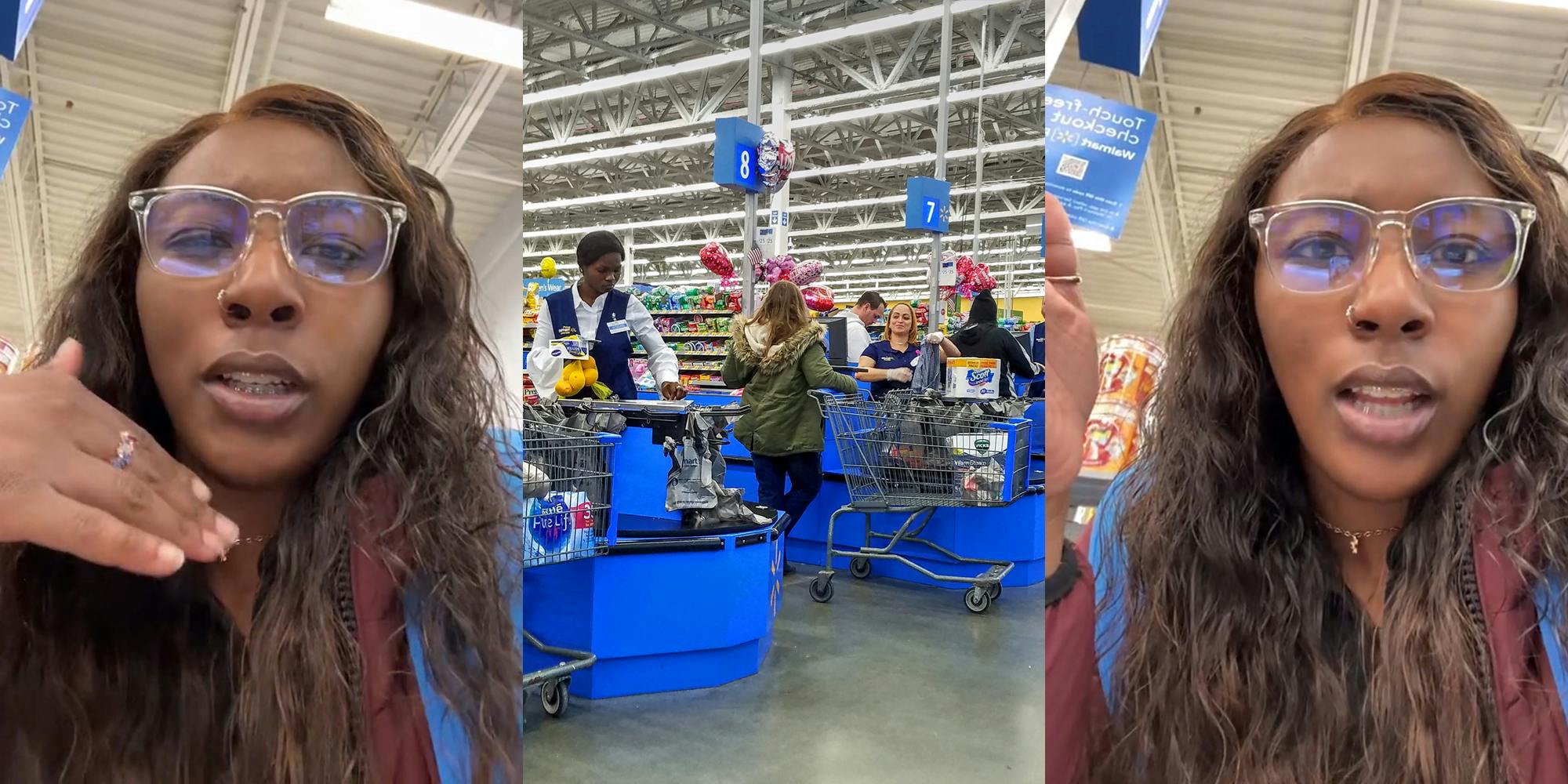 Walmart employee speaking (l) Walmart checkout lanes (c) Walmart employee speaking (r)
