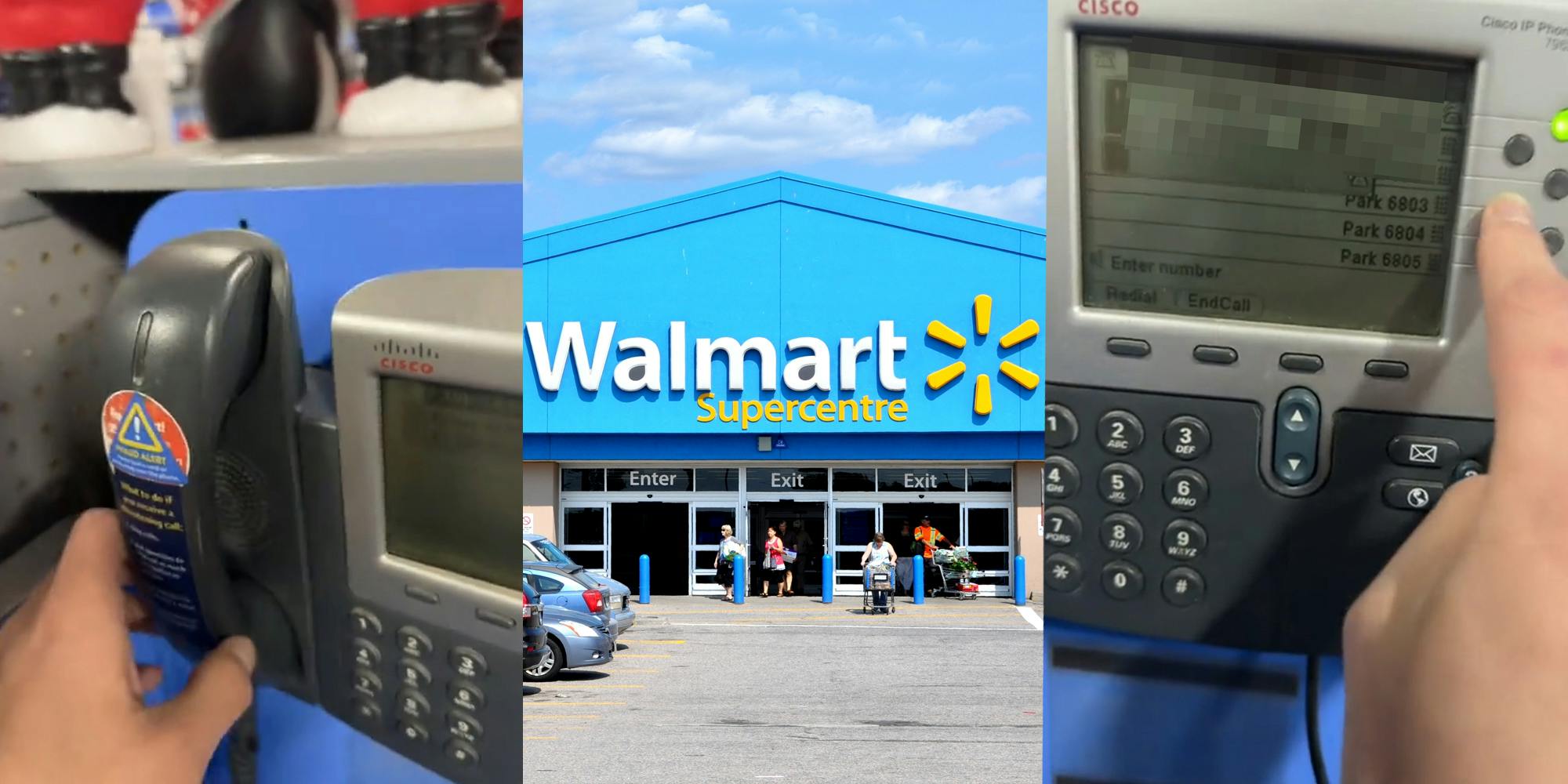 Walmart customer picking up Walmart phone (l) Walmart with sign and parking lot (c) Walmart customer pressing buttons on Walmart phone (r)