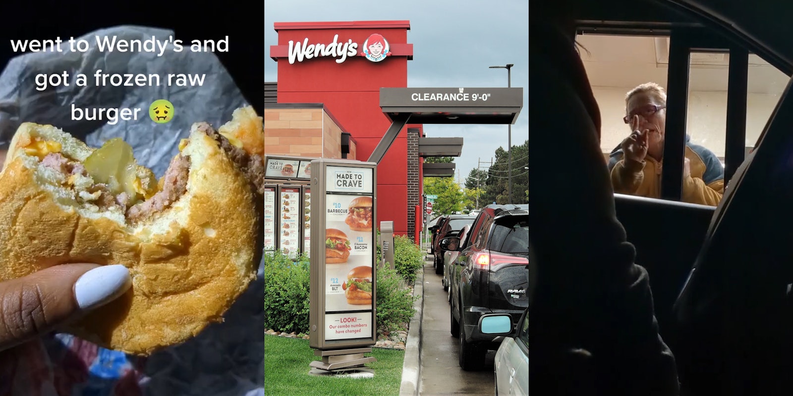 woman holding Wendy's burger patty looks raw caption 'went to Wendy's and got a frozen raw burger' (l) Wendy's drive thru with sign (c) woman at Wendy's drive thu window speaking to worker with finger pointing (r)