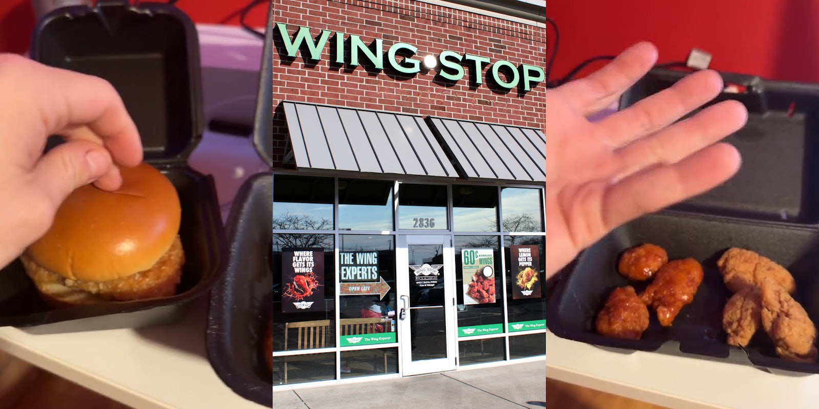 hand pressing burger in black container (l) Wing Stop sign on brick building (c) hand ot above wings in black container (r)