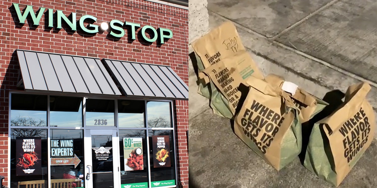 Wing Stop (l) bags of Wing Stop food on ground in parking lot (r)