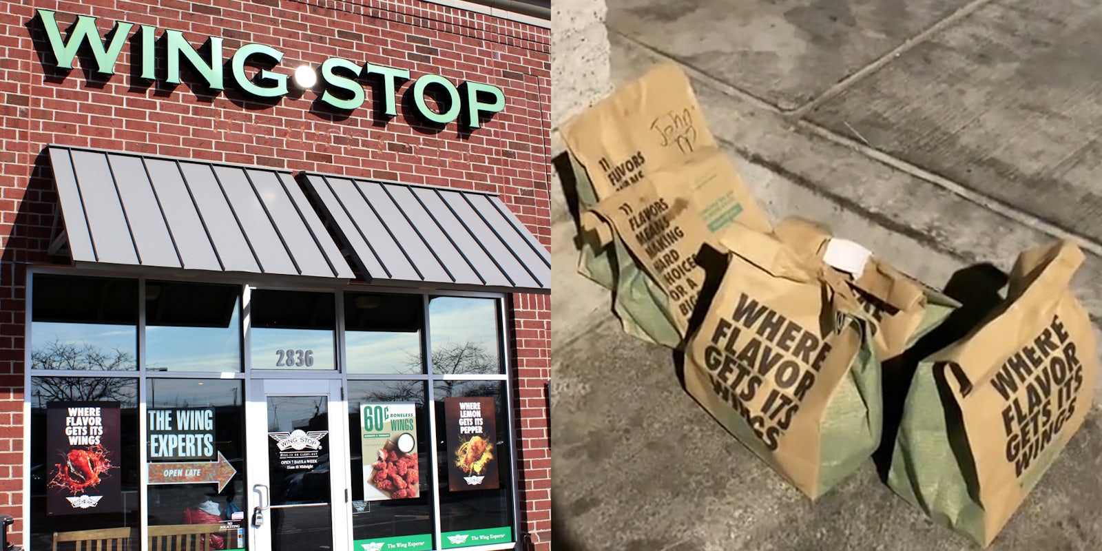Wing Stop (l) bags of Wing Stop food on ground in parking lot (r)