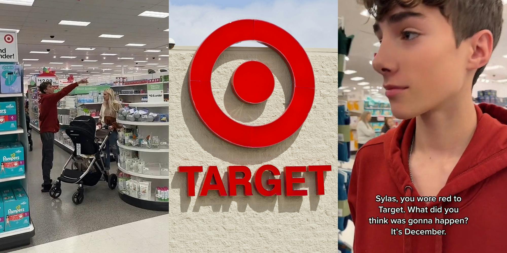 man pointing finger while speaking to woman in Target (l) Target sign on building (c) man in red hoodie at Target caption "Sylas, you wore red to Target. What did you think was gonna happen? It's December" (r)