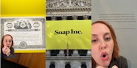 former Snapchat employee greenscreen TikTok over image of Snap Incorporated stock certificate (l) Snap Inc. banner on building in NY (c) former Snapchat employee greenscreen TikTok over letter 