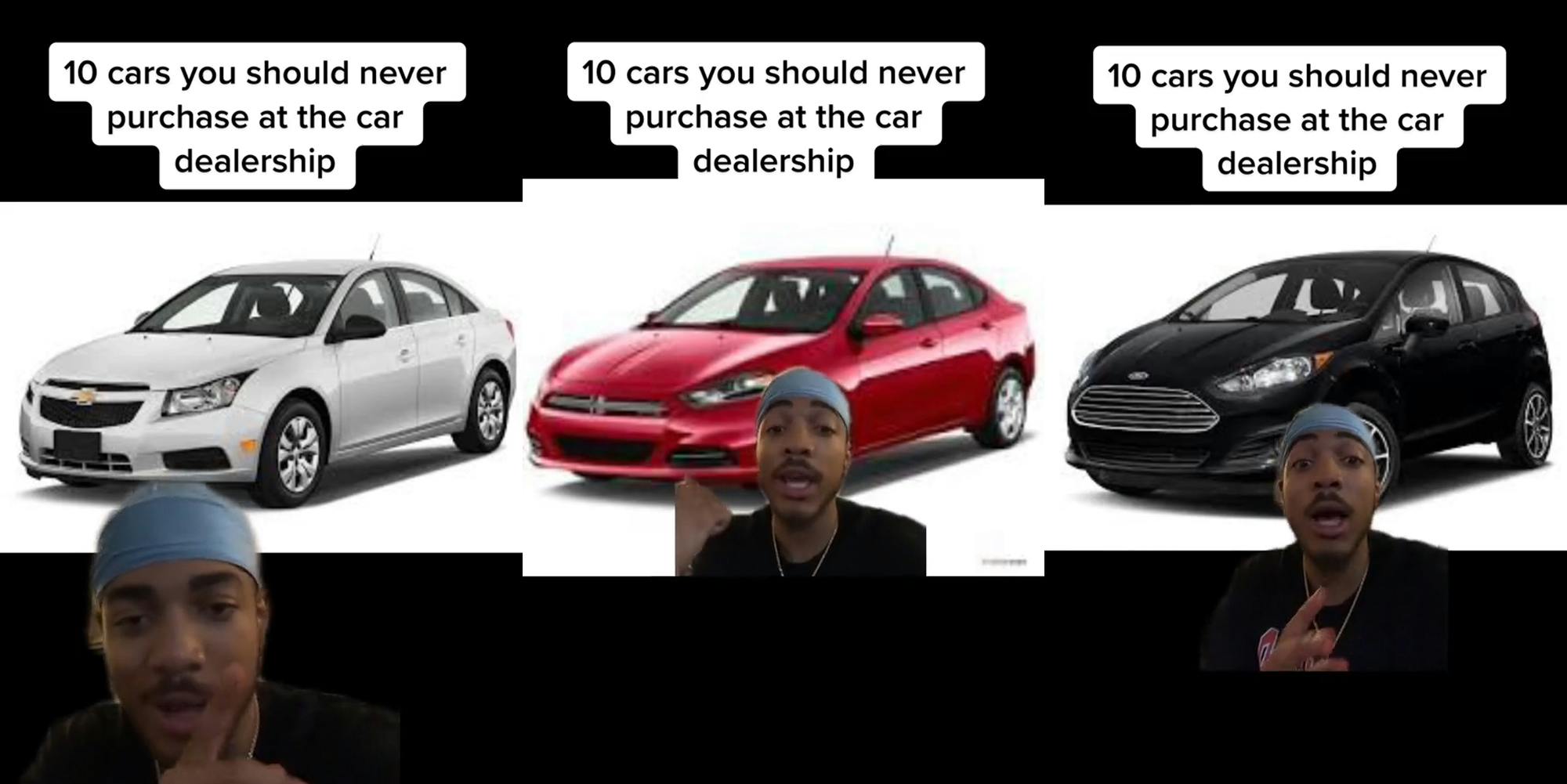 car seller greenscreen TikTok over image of Chevy Cruise with caption "10 cars you should never purchase at the car dealership" (l) car seller greenscreen TikTok over image of Dodge Dart with caption "10 cars you should never purchase at the car dealership" (c) car seller greenscreen TikTok over image of Ford Fiesta with caption "10 cars you should never purchase at the car dealership" (r)